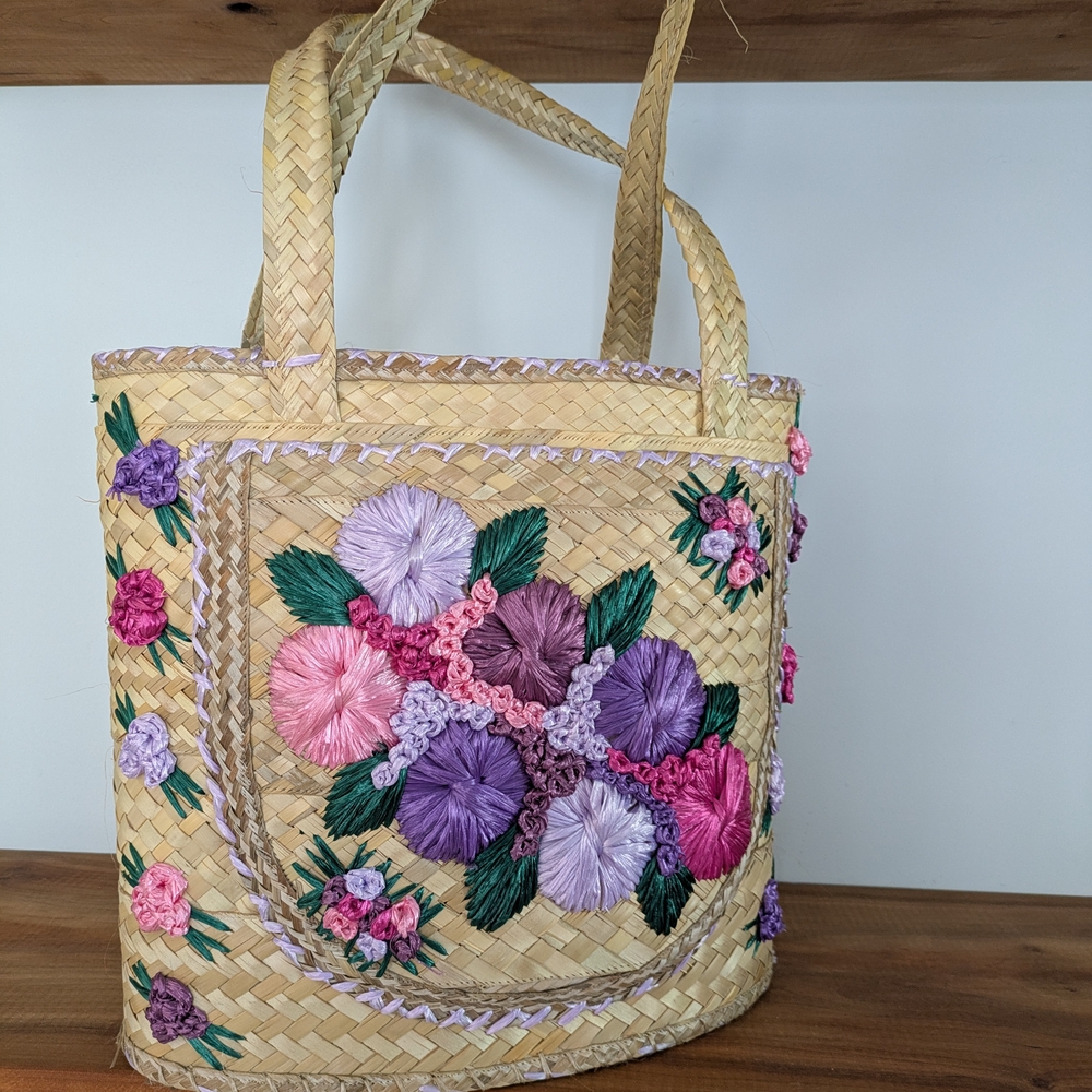 Floral Embroidered Straw Tote Bag